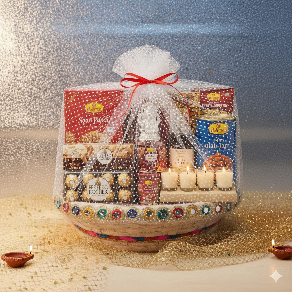 Diwali gift hamper with sweets, dry fruits and chocolates