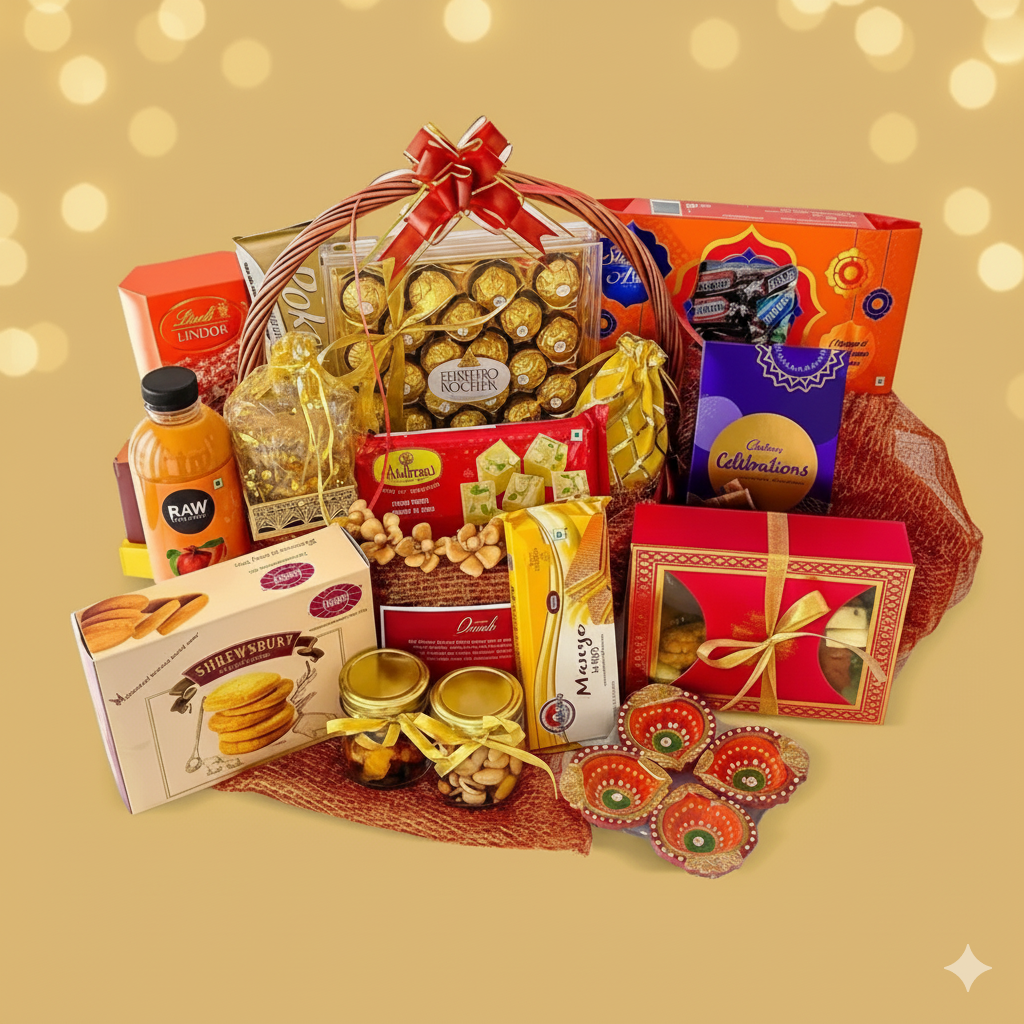Diwali gift hamper with sweets, dry fruits and chocolates